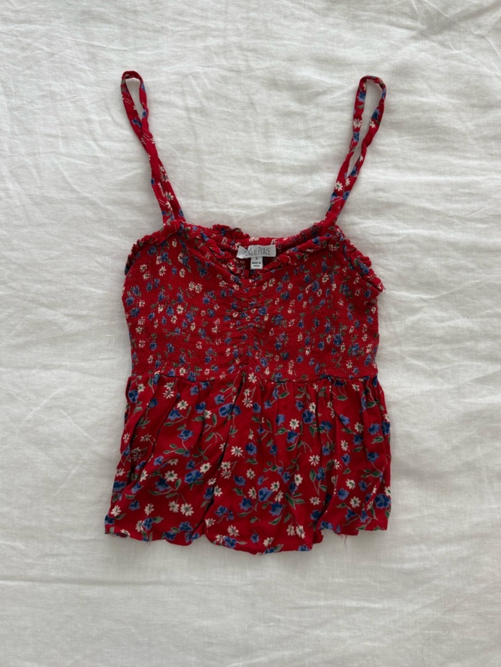 Red Floral Smocked Cami with Ruffle Hem